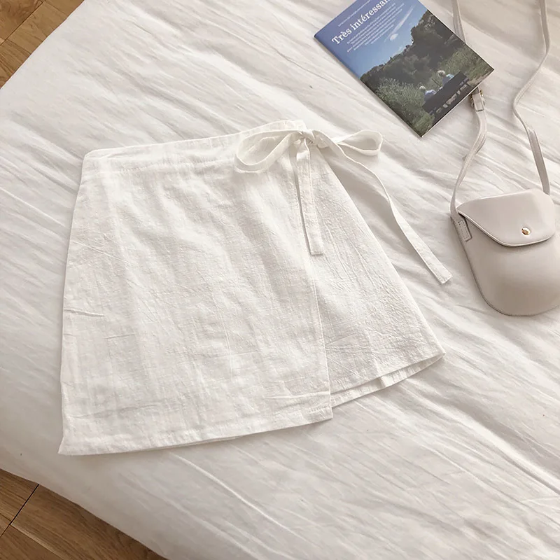 Летняя женская хлопковая льняная юбка, юбка с запахом для женщин, мини-юбки с высокой талией, Spodnice Damskie - Цвет: white