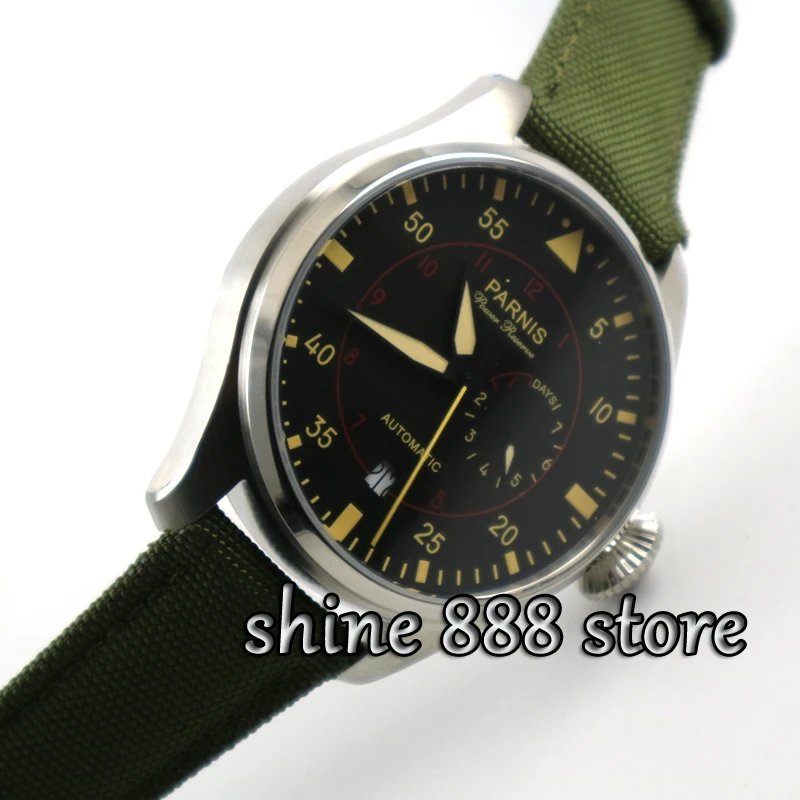 

47mm parnis black dial automatic power reserve deployment clasp mens watch