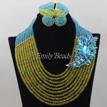 Голубой ручной Африканский кристалл набор ювелирных украшений из бисера Желтый в нигерийском стиле свадебный костюм в африканском стиле Цепочки и ожерелья Наборы для ухода за кожей aij253