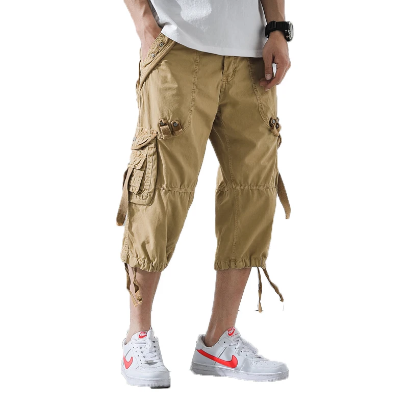 

Men Cargo Pants Mens Casual Calf-Length Pants Man Loose Cropped Trousers Multi-pocket Beamed Overalls Male Sports Short Pants 40