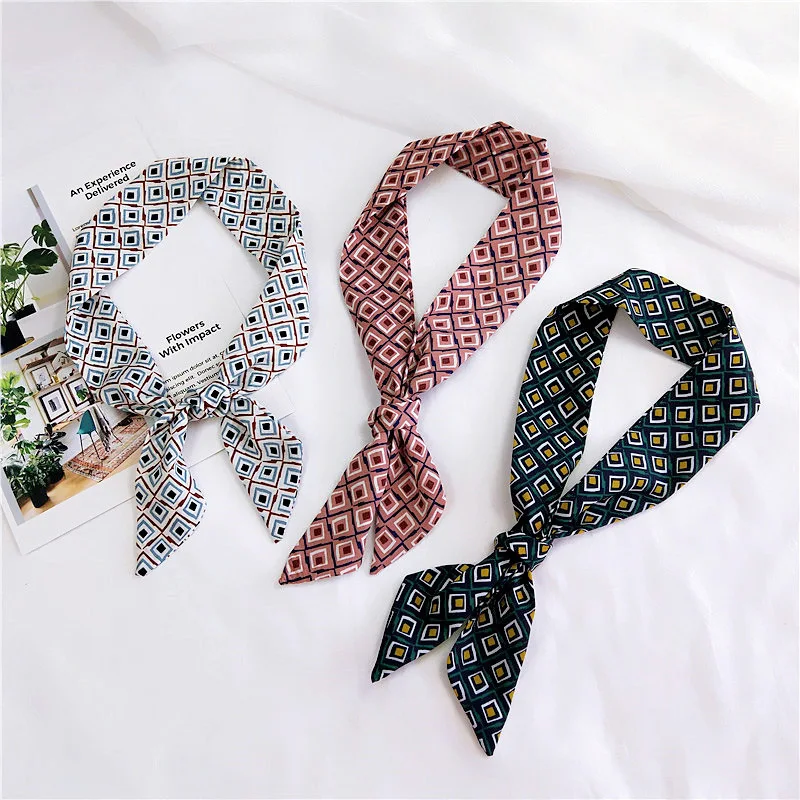 40Designs Cartoon Stripe Plaid Scarf Hair Handkerchief for Women Head Bandage Silk-like Cachecol Female Bag Decoration 5*90cm 40Designs Cartoon Stripe Plaid Scarf Hair Handkerchief for Women Head Bandage Silk-like Cachecol Female Bag Decoration 5*90cm