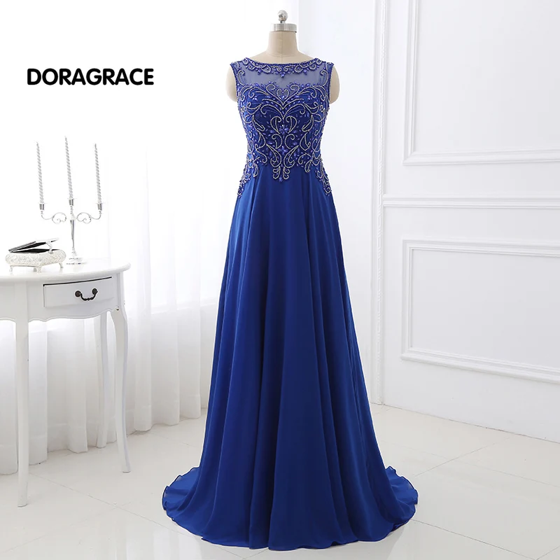 

DORAGRACE Real Pictures Elegant Beaded Chiffon Floor-Length Royal Blue Prom Gowns Long Evening Dresses DGE061