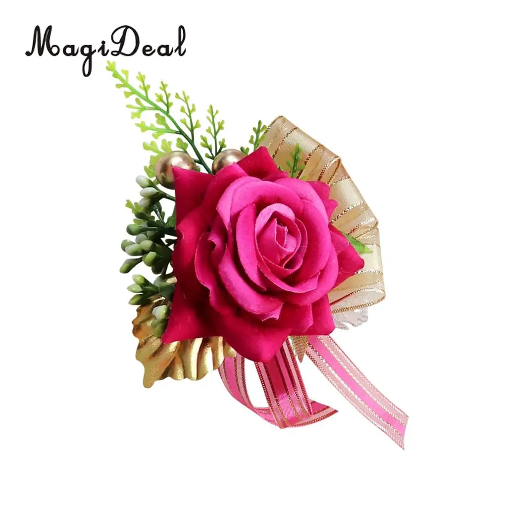 Romantic Artificial Rose Flower Pearls Wedding Corsage Boutonniere for Bridal Groom Fancy Dress