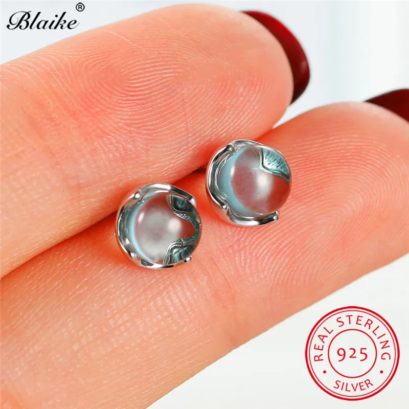 

s925 Sterling Silver Earrings Cute Clear Blue Crystal Stone Round Stud Earrings For Women Small Wedding Piercing Earring Jewelry