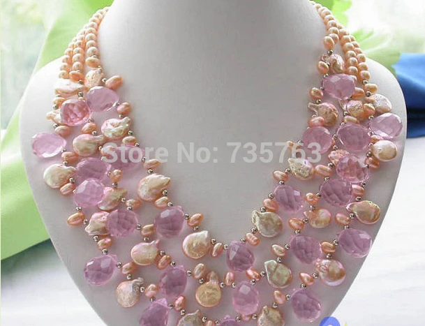 HOT N443 3ROW PINK RICE/COIN FRESHWATER PEARL DRIP CRYSTAL NECKLACE