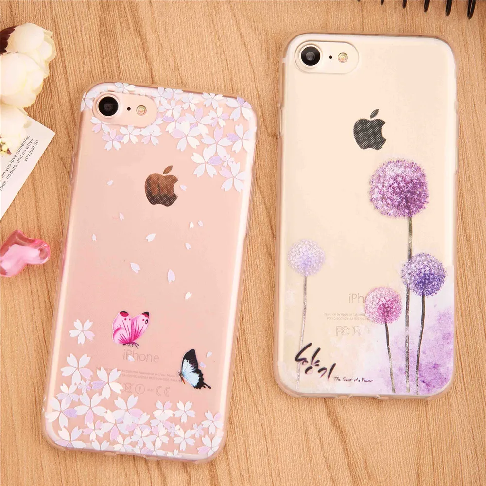 

Clear TPU Silicone Soft Case for iPhone 7 6 6S Plus 5S 5 SE Cover 3D Flower Butterfly Dandelion Pattern Cover copa for iPhone7