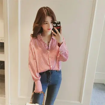 

Women Casual V-neck Cotton Blouse Long-sleeved Striped Summer Shirt
