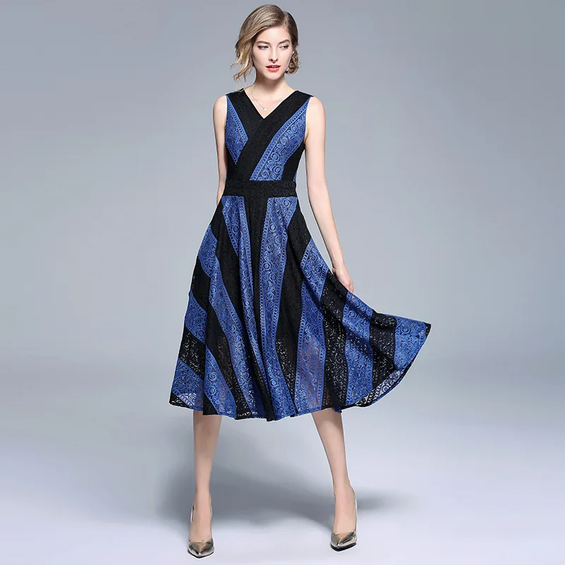 

Black Blue Striped Lace Sexy V-Neck Sleeveless Slim Tunic Midi Dress Women Elegant Vintage Party Dress Summer Sundress Clothing