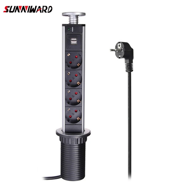 

Eu Plug 3/4/5 Power Hidden Kitchen Table Pop Up Electrical Socket Power 1 Led+2 Charge Usb Aluminum Shelf Silver/black