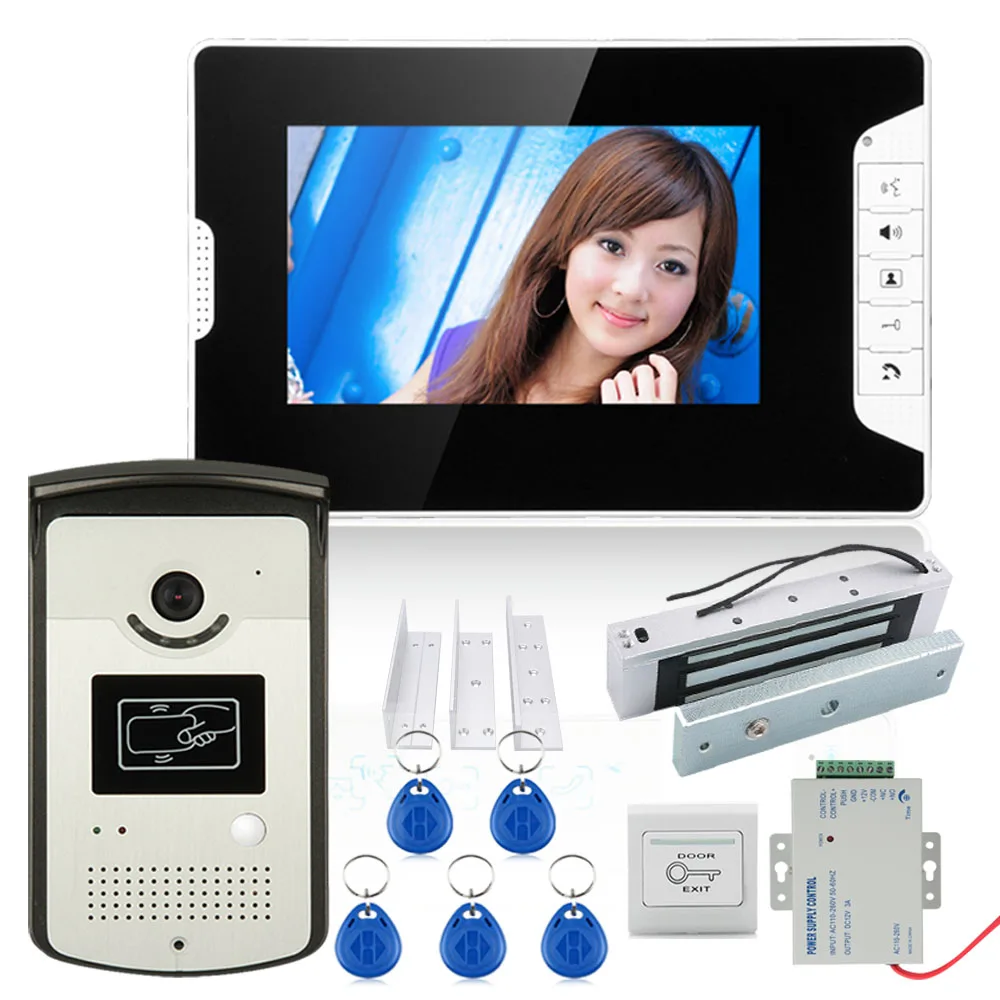7\ Color Video Door Phone Intercom System With 1 Monitor 1 RFID HD Doorbell 1000TVL Camera +Electric Magnetic Door Lock 180KG