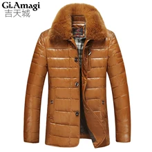 Nuevo pato blanco ocasional Abrigos de plumas pu cuero invierno chaqueta acolchada gruesa larga para hombre Abrigos de plumas chaquetas con extraíble Fox Pieles de animales collar parka