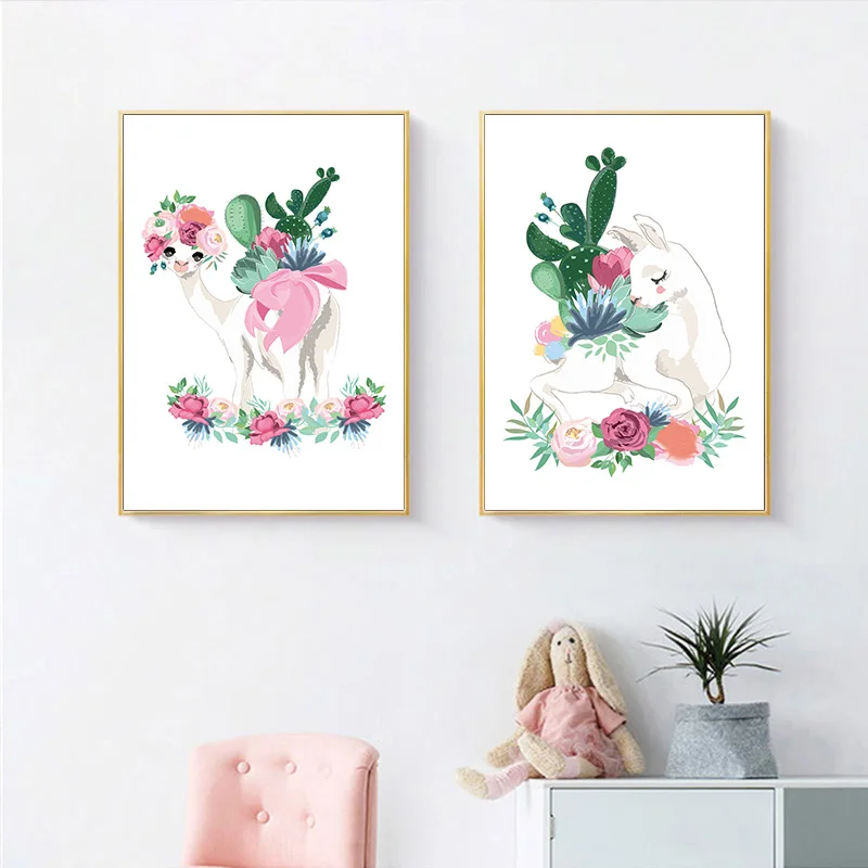 

Watercolor Alpaca Flower Canvas Wall Art Nursery Painting Nordic Posters and Prints Cartoon Wall Pictures for Baby Kids Room