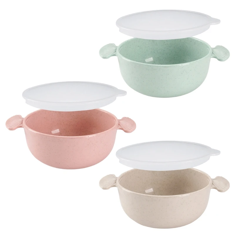 

1 Set Bowl Kids Children Rice Food Double Handles Tableware Kitchen With Cover Wheat Straw Stem