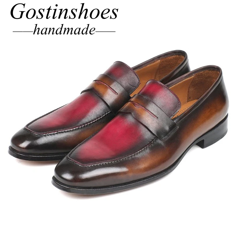 

GOSTINSHOES HANDMADE Goodyear Welted Men Loafers Brown Bordeaux Color Cow Leather Pointed Slip-On Men Casual Leather Shoe SCZ045