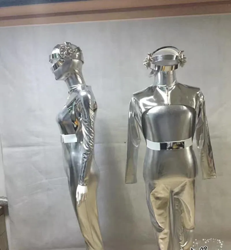 Мужской и Женский космический танцевальный костюм, серебристый комбинезон из искусственной кожи, сексуальный обтягивающий боди для ночного клуба, вечерние костюмы для диджеев, танцевальная одежда для сцены