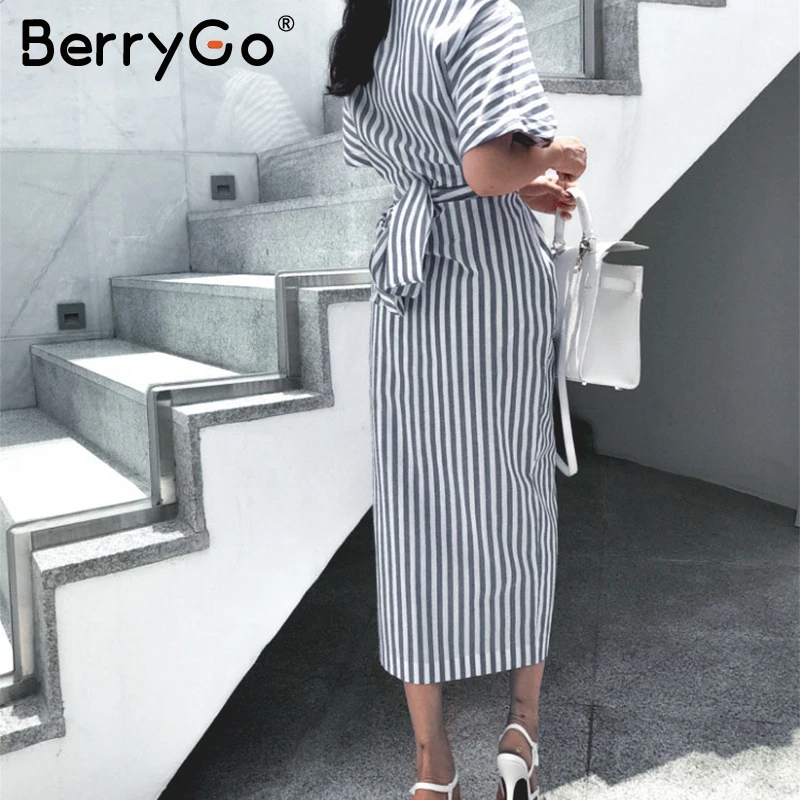 BerryGo плюс размер хлопок в полоску женское платье Летний стиль бандаж Сплит миди