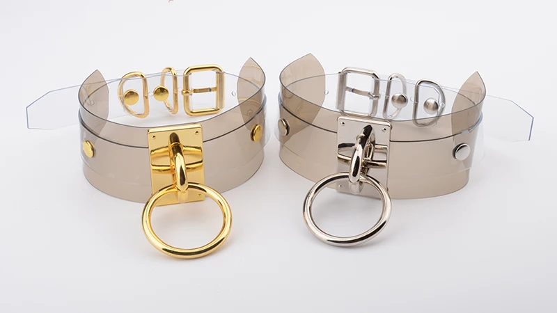 Harajuku Oversized Buckle Rock Double Layer Leather Collar Necklace Silver Gold 40mm O Round Fetish Bondage Sexy BDSM PVC Choker 7