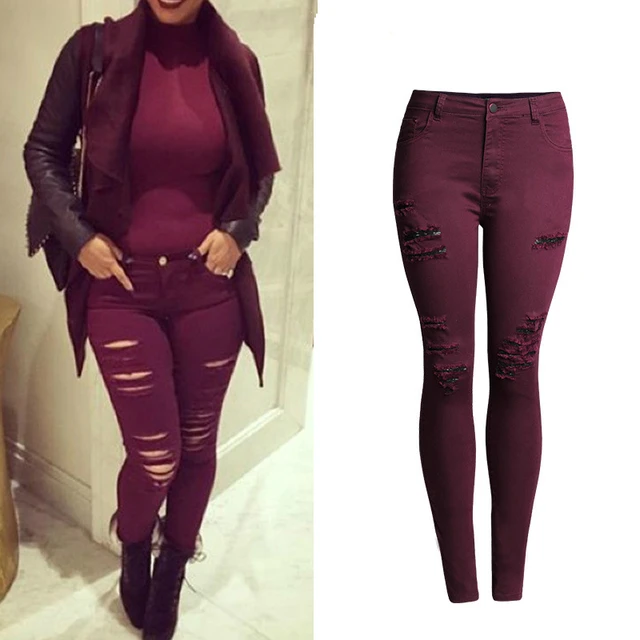 Aliexpress.com : Buy Red Wine Ripped Jeans Women Fashion Slim Red Wine Ripped Jeans Women Fashion Slim Skinny Jean Femme Scratched Push Up Plus Size Denim - Aliexpress.com : Buy Red Wine Ripped Jeans Women Fashion Slim