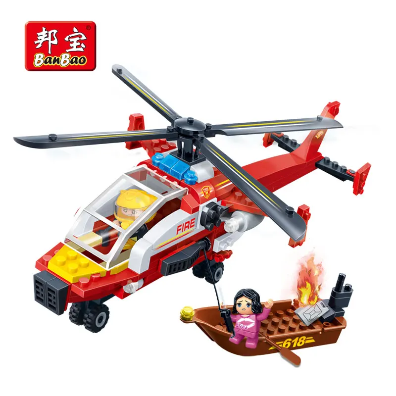 

BanBao Fire Rescue Helicopter Aircraft Airplane Building Blocks Bricks Educational Model Toy For Children Kids Gift