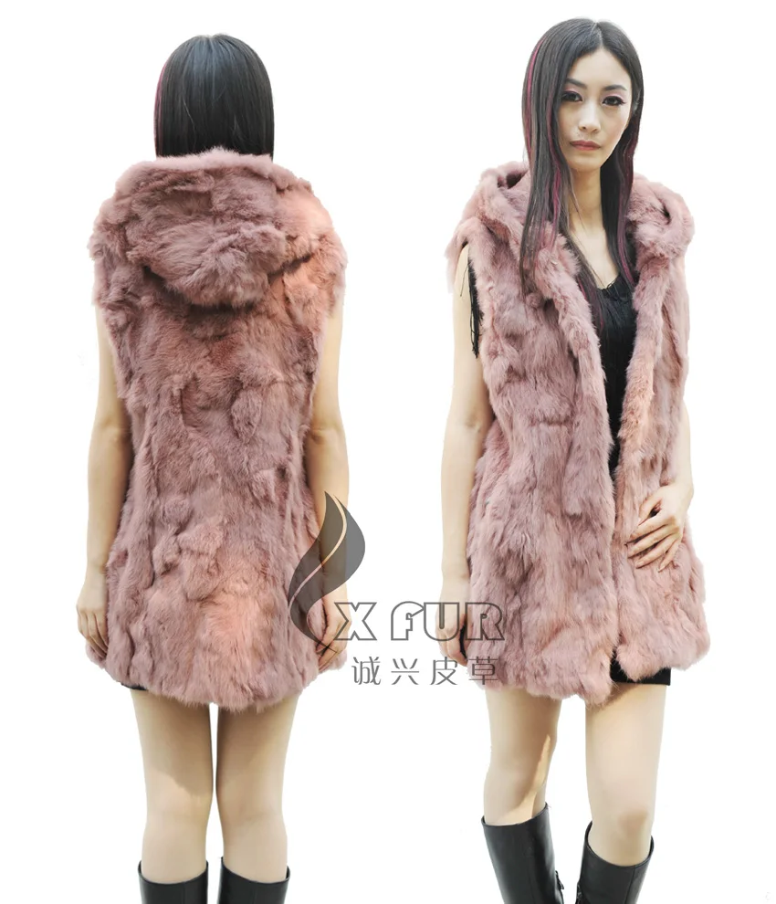 

CX-G-B-102 2017 New Arrival Woman Elegant Rabbit Fur Long Hooded Vest Winter Warm Thicken Long Fur Waistcoat Jacket