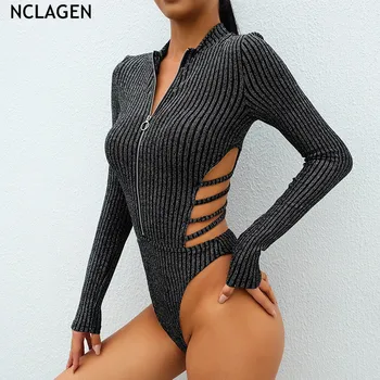 

NCLAGEN 2019 Sexy Criss Cross Bandage Crochet Bodysuits Hollow Out Knitted Rompers Stand Collar Playsuit Bodycon Club Jumpsuit