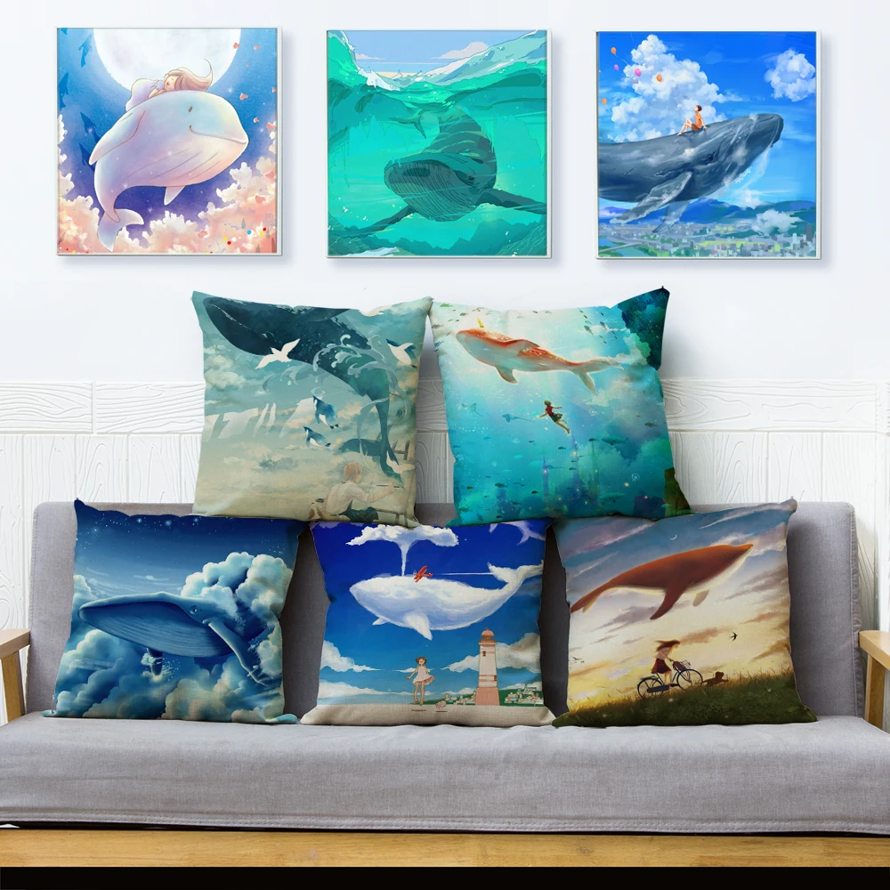 Cartoon Colorful Flying Whale Cushion Cover Linen Pillows Covers 45*45cm Throw Pillow Case Car Home Decor Animal Pillowcase | Дом и сад