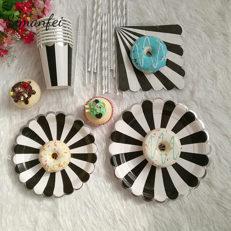 

Simanfei Disposable Tableware Set 2019 Gilding Silver Striped Paper Plates Cups Napkin Party Wedding Carnival Tableware Supplies