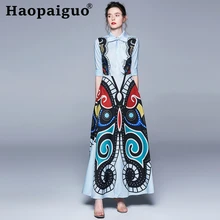 Sky Blue Print Butterfly Shirt Dress Summer 2019 Half Sleeve Turn-down Collar Sashes Long Dress Women Singer Button Women Dress sky blue half sleeve maxi dress