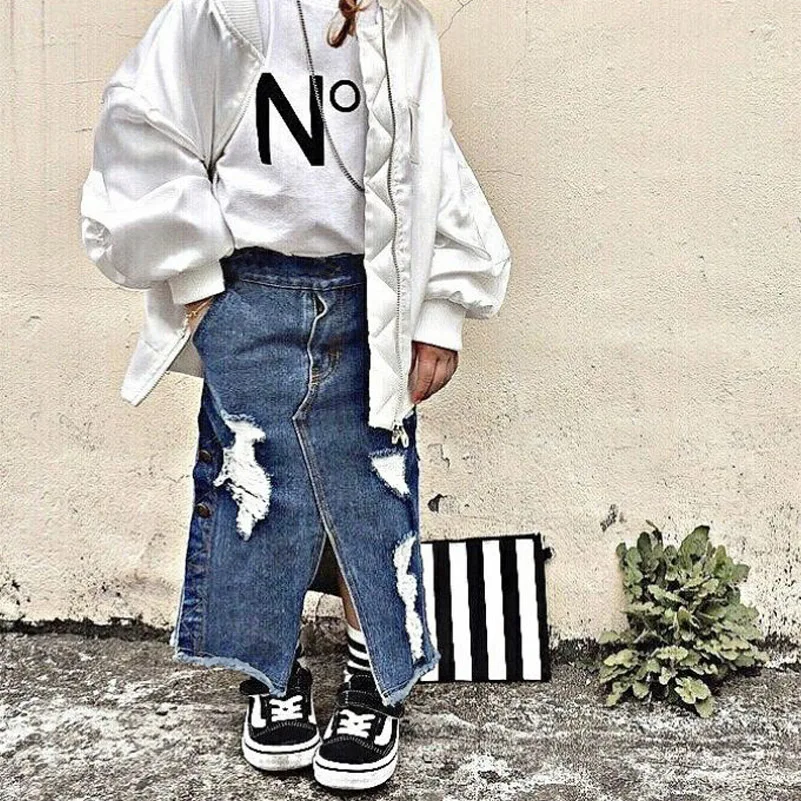 

ANKRT Baby Girls Soft Denim Skirts Girls Cotton Cowboy's broken Longuette With Kids Summer All-match Denim Jeans Skirts