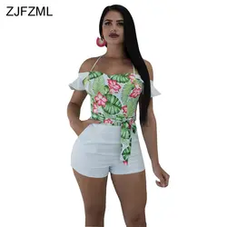 ZJFZML Спагетти ремень пикантные короткие Playsuit для женщин цветочный принт рюшами рукав Тощий боди Лето спинки полосатый клуб комбинезон