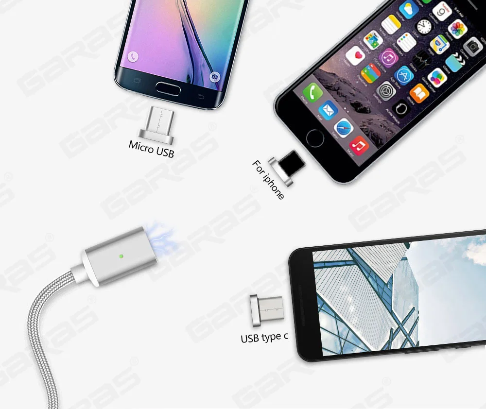 Магнитный кабель GARAS для iphone/Micro USB/type-C, зарядное устройство, адаптер для iphone, магнит, быстрая зарядка, кабели для мобильных телефонов, 2 м