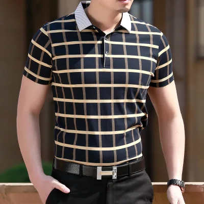Летний поло для мужчины Мужская мода рубашки с коротким рукавом мужская деловая Повседневная отворот Поло хлопок дышащий плед masculino - Цвет: Золотой