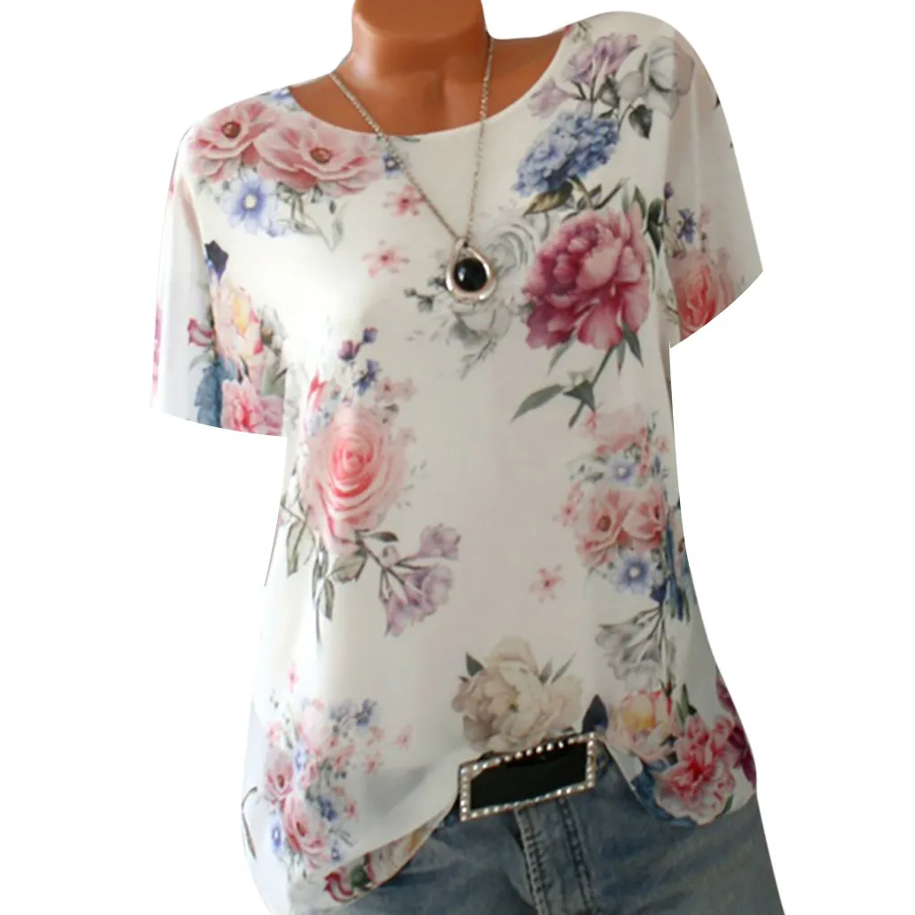 Страусиная женская рубашка с цветочным принтом, большой размер, короткий рукав, свободный круглый вырез, фиолетовый тренд, элегантная благородная Мода, летняя блузка, рубашки