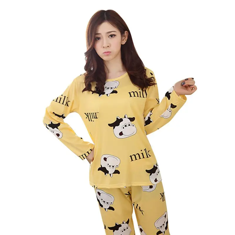 Осенняя женская мягкая повседневная одежда для сна с героями мультфильмов Домашняя одежда пижамный комплект - Цвет: yellow