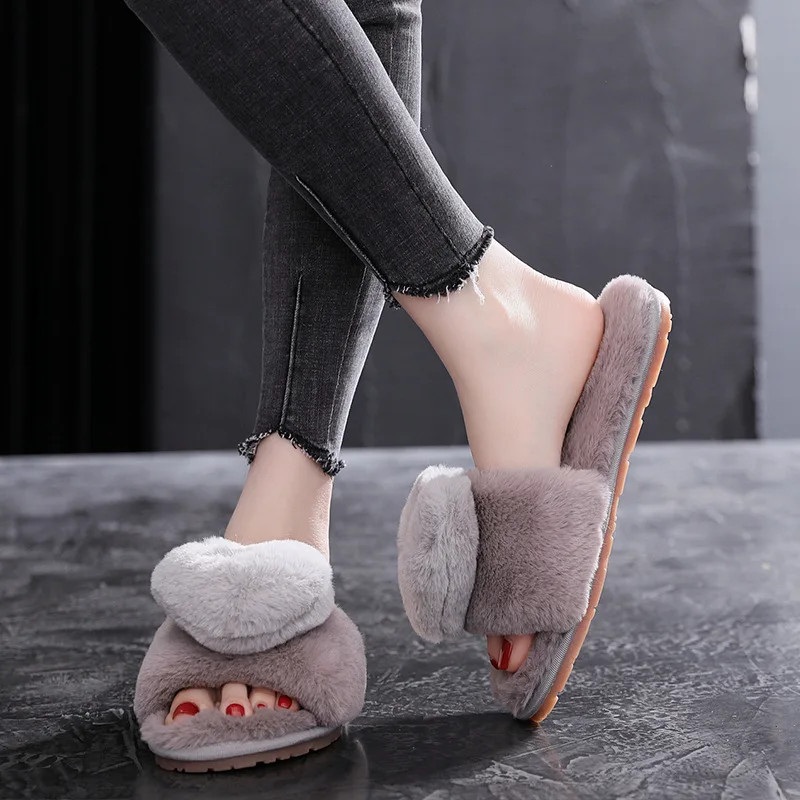 sweet fur heart decoration sandals women/girl's candy color fur slippers  designer fur flip flops ladies plush home shoes s330