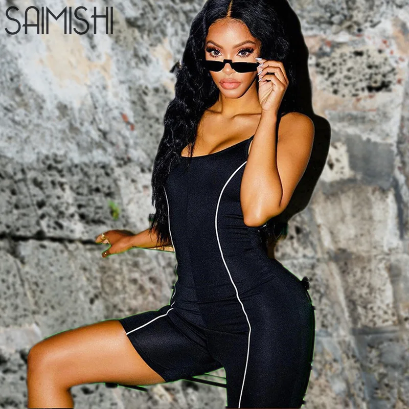 

Saimishi Summer Sleeveless Backless Thin Strap Women Fitness Skinny Playsuit Rompers 2019 Reflective Piping Short Jumpsuit Green