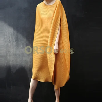

Changpleat 2019 summer New Women Loose dress Miyak Pleated Fashion Design Solid O-neck Large size irregular Female Dresses Tide