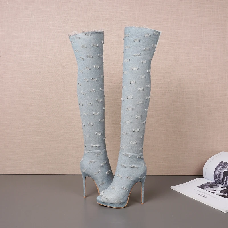 BLXQPYT/весенние модные сапоги выше колена на высоком каблуке 11,5 см очень size28-52 пикантная женская обувь кожаные сапоги на тонком каблуке с круглым носком 19-18
