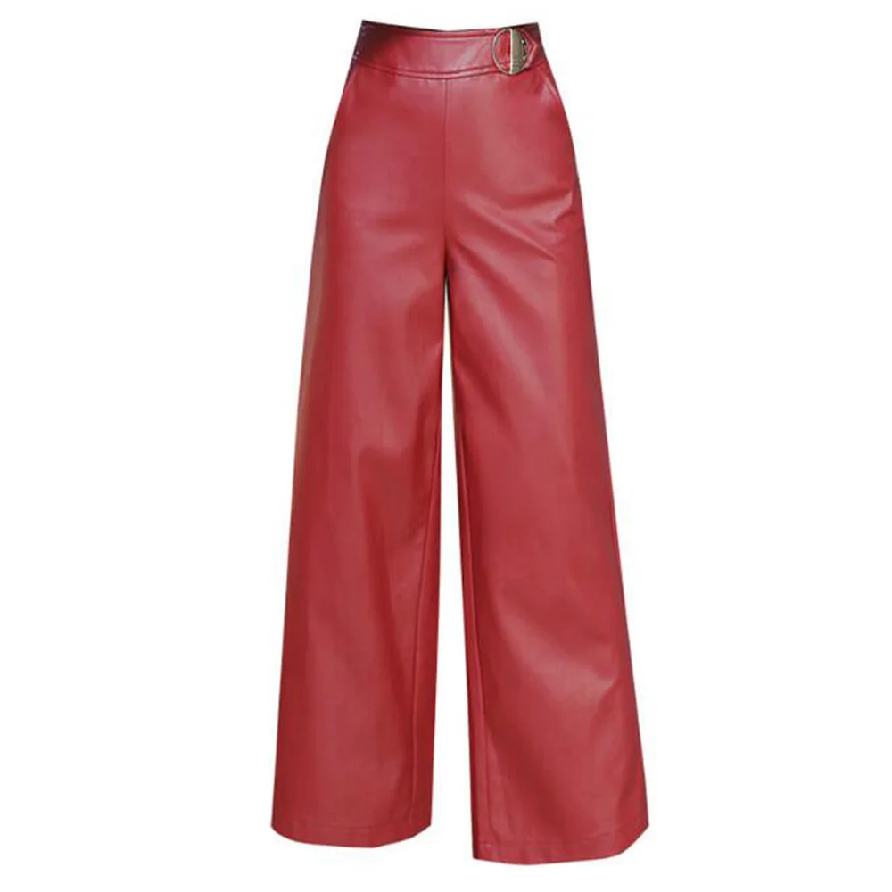 Высокое качество женские брюки из искусственной кожи черные красные повседневные свободные широкие брюки осень-зима длинные брюки Pantalon Mujer