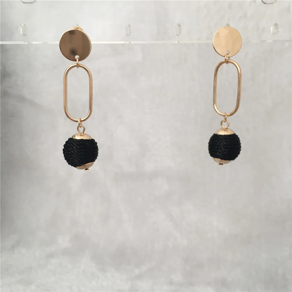 

TRENDY GEOMETRIC GOLD PLATING ROUND DISC SQUARE BLACK THREAD BALL STUD EARRING