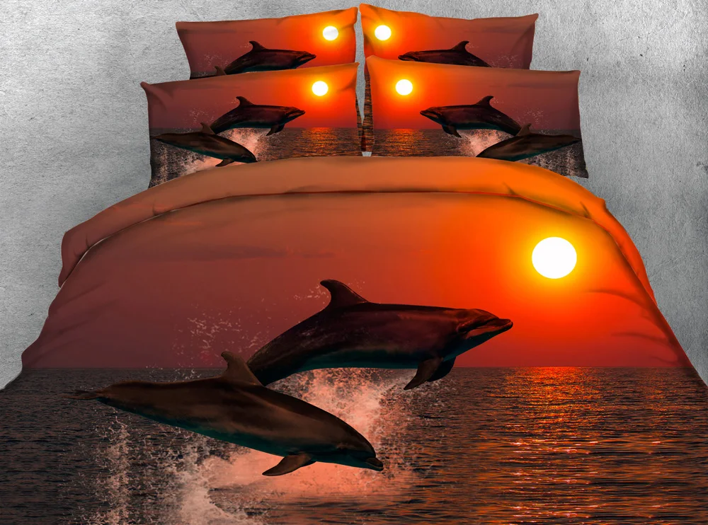 JF 085 Sunset and Dolphins print bedding set 4pcs euro double 2.0 bed