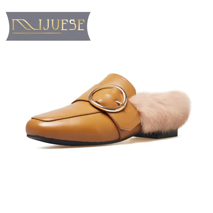 

MLJUESE 2018 women flats cow leather Metal square toe soft flats rabbit hair comfortable casual flats party dress size 33-40