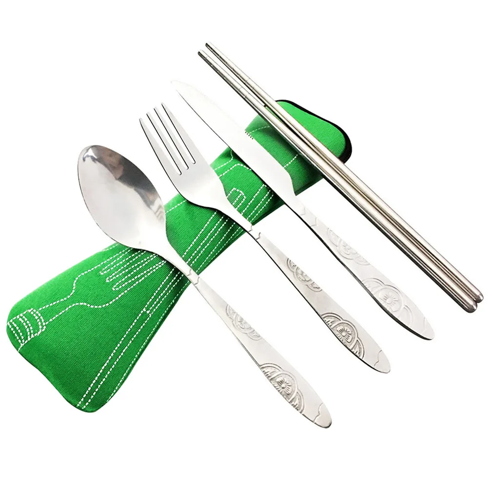 

4Pcs Stainless Steel Cutlery Set Flower Pattern Knife Fork Spoon Chopsticks with Bag Camping Picnic Kitchen Tableware Sets