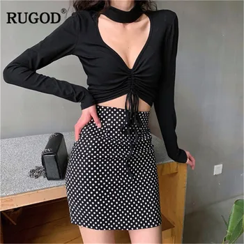 

RUGOD Sexy women tops middle tied deep v neck long blouse thin party wearing instagram style spring and summer fashion shirts
