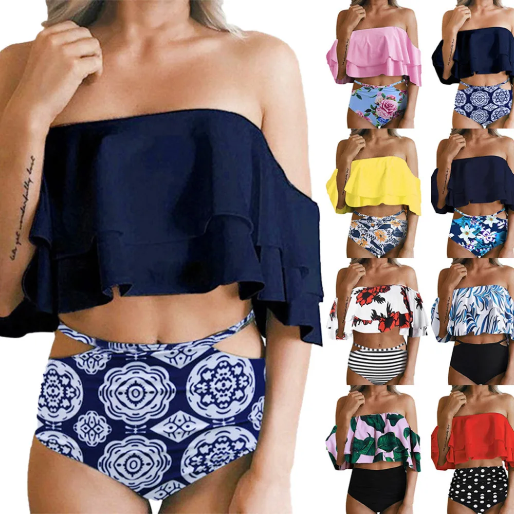 

2019 New Summer Women Solid Bikini Set Push-up UnPadded Hight Waist Printed Bikini Set Push-Up Padded Bathing Swimwear Swimsuit