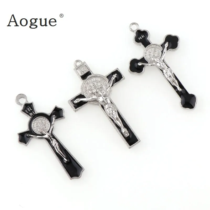 

INRI Crucifix Black Enamel Saint Benedict Medal Cross Religious Pendants and Black Rope Wire Cross Pendants Necklace 45cm