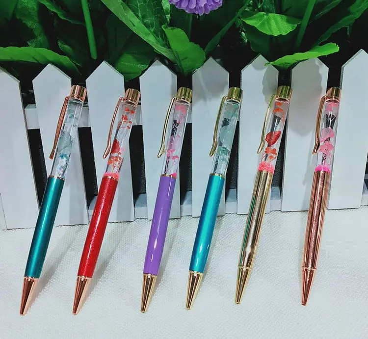 

Luxury Ballpoint flow oil crystal Gold foil Metal Copper flower powder quicksand gift pen