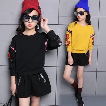 

Best Popular Girls Rose O-neck Pullover T-shirt Short Pants Two Sets Fit For Spring Autumn Fashionable Shirts Long Sleeve