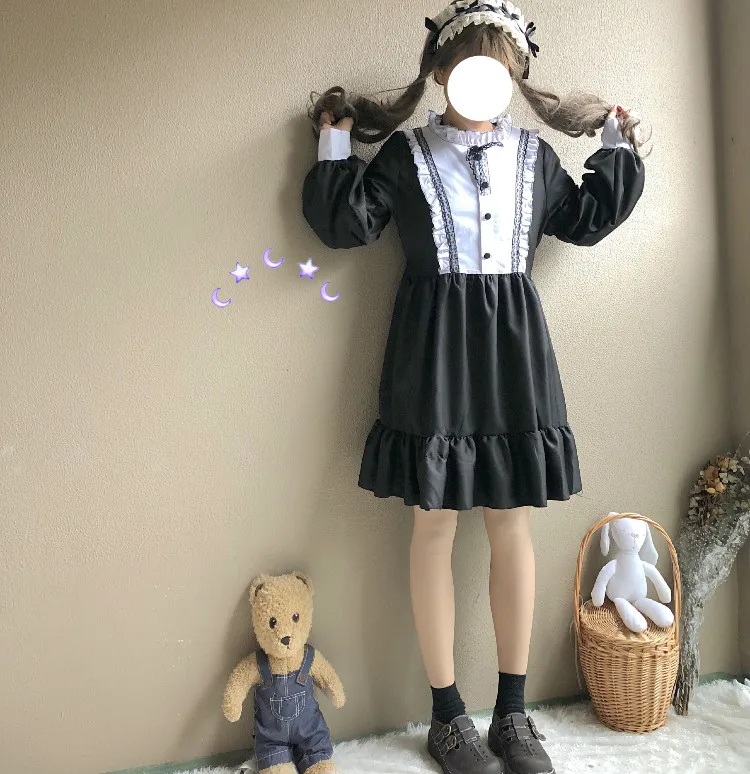 Женские платья в винтажном стиле Kawaii Ulzzang Цвет блок милое платье с длинными