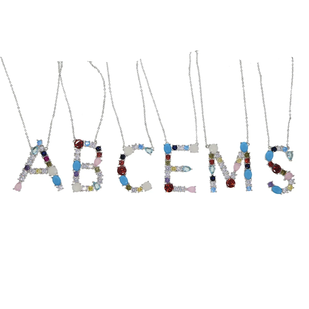 

Multi shiny SILVER Colorful big stone letter Alphabet customize name initial necklace women wedding necklace jewelry